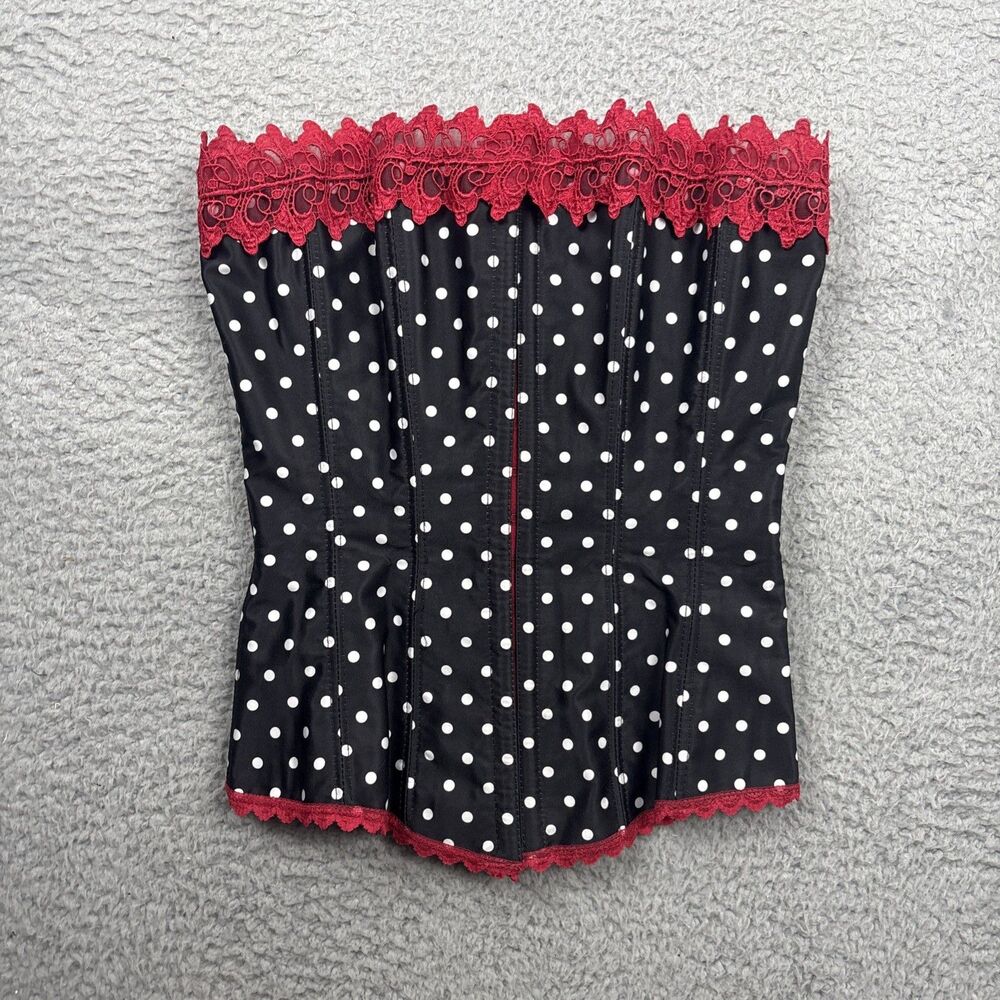 Frederick's of Hollywood Black Poka Dots Red Corset Bustier Womens Sz 32 Lace-Up
